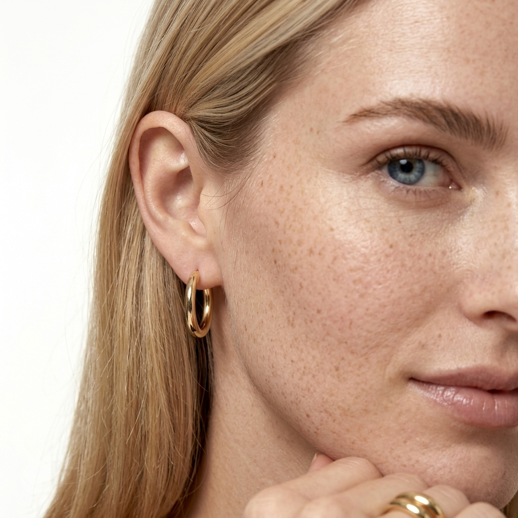 Close-up of model wearing gold hoop earring