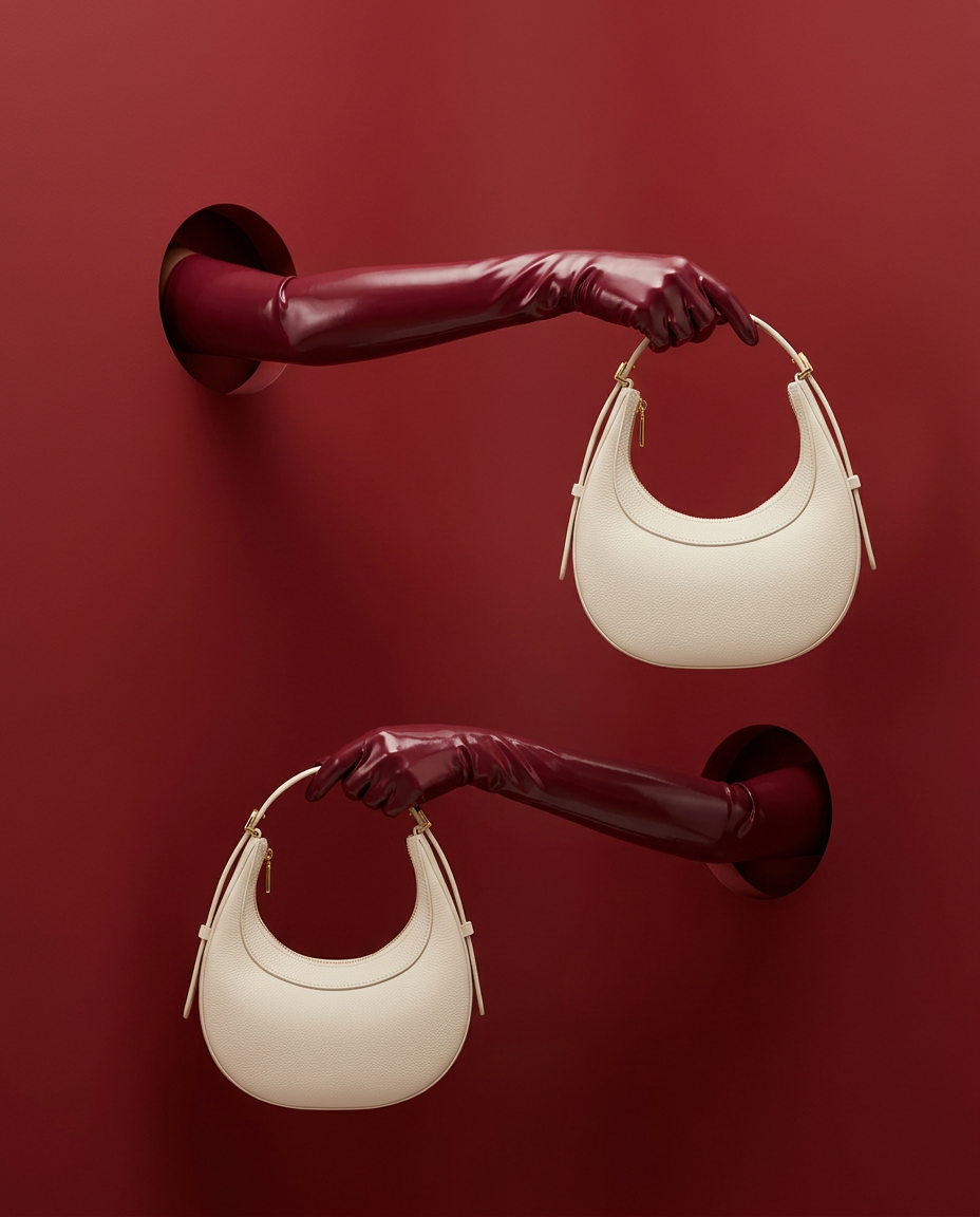 Two arms in burgundy latex gloves emerging from a red wall holding cream leather crescent handbags