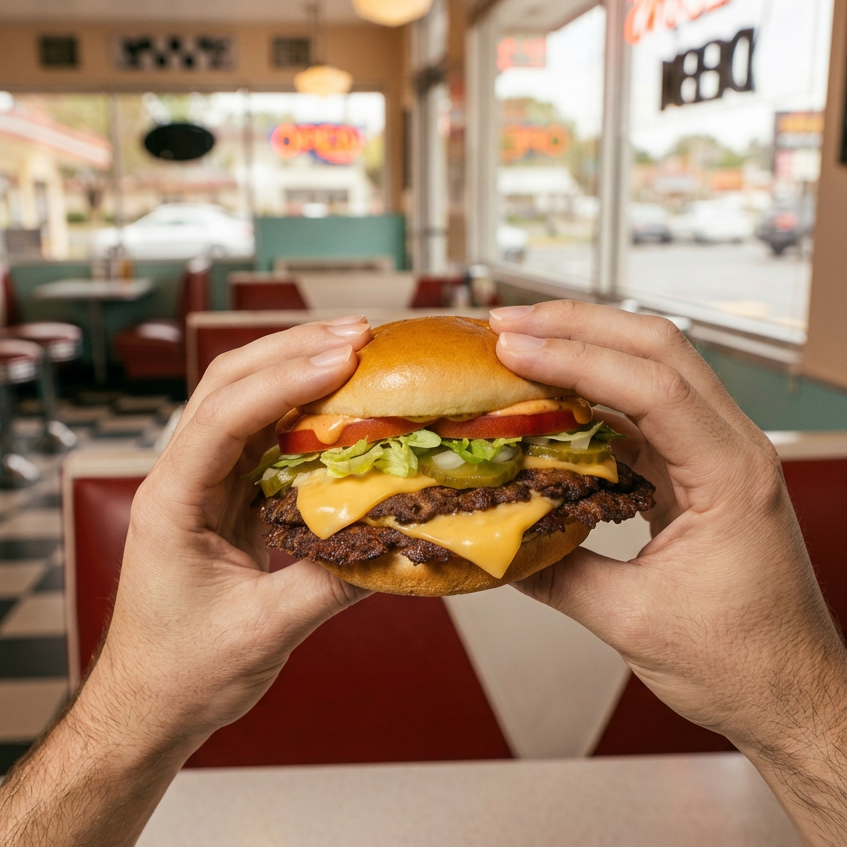 Hands holding a loaded double cheeseburger in a retro diner with teal walls and a checkered floor