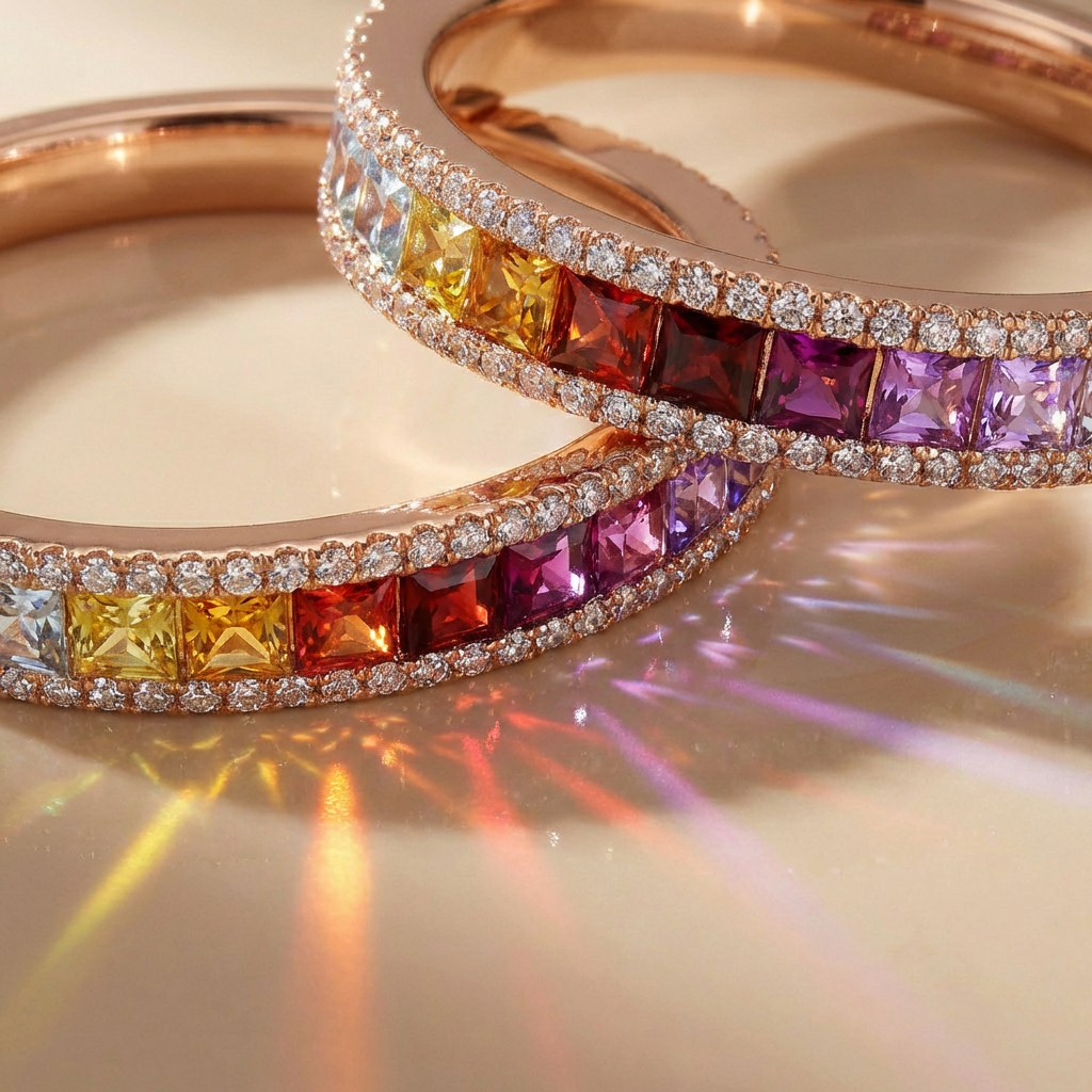 Stacked rose gold bangles with rainbow sapphires and diamond pavé