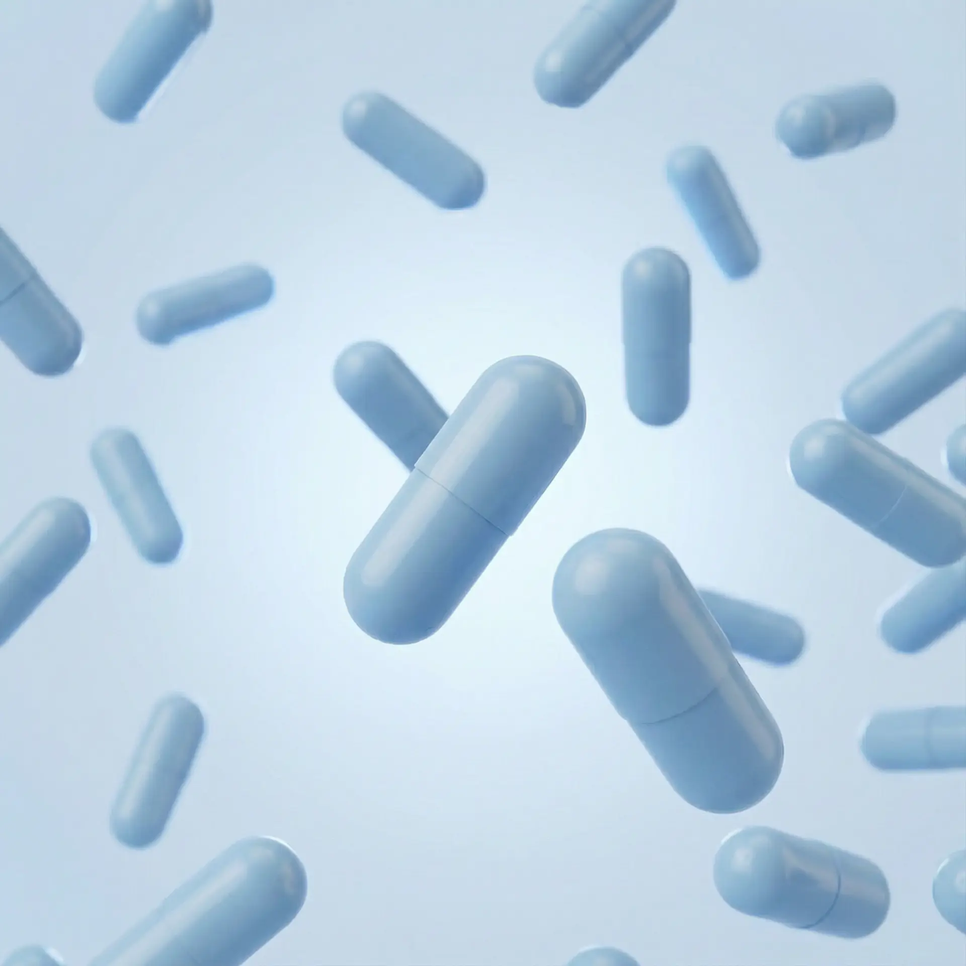 Blue supplement capsules floating against a soft light blue backdrop
