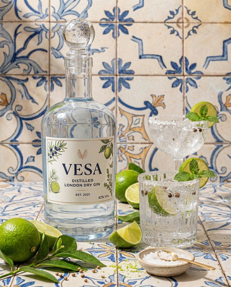 VESA gin bottle on a Mediterranean tiled surface with limes and cocktails