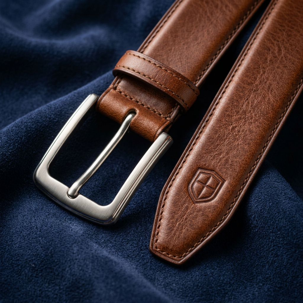 Close-up of a premium brown leather belt with brushed silver buckle resting on deep navy suede