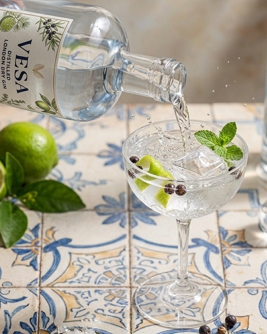 VESA gin being poured into a crystal coupe glass with limes and juniper berries