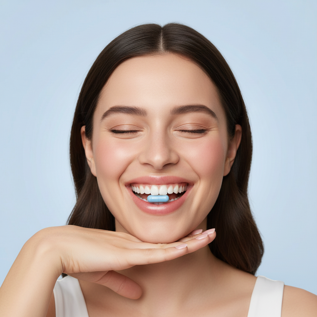 Smiling woman holding a blue supplement capsule between her teeth on a soft blue background
