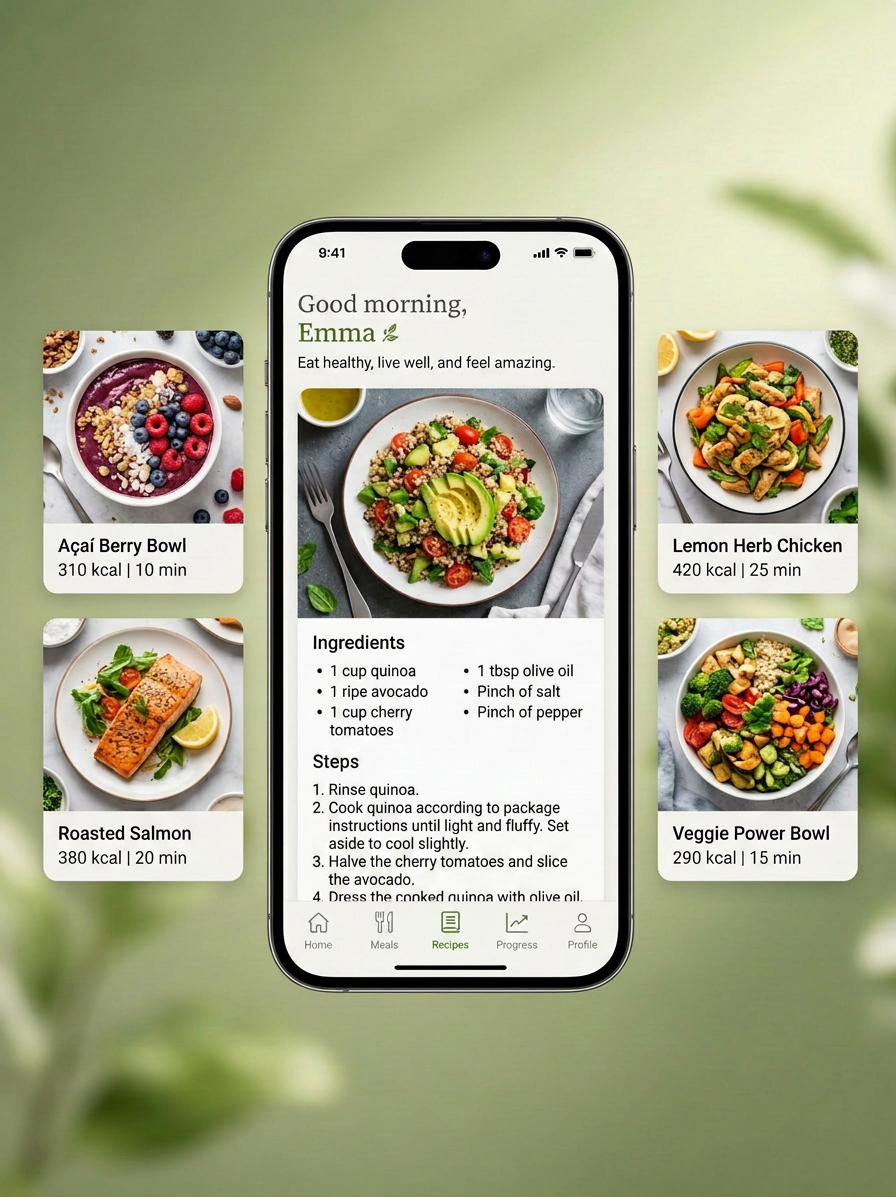 Healthy eating recipes app shown on iPhone with meal cards on a soft green backdrop