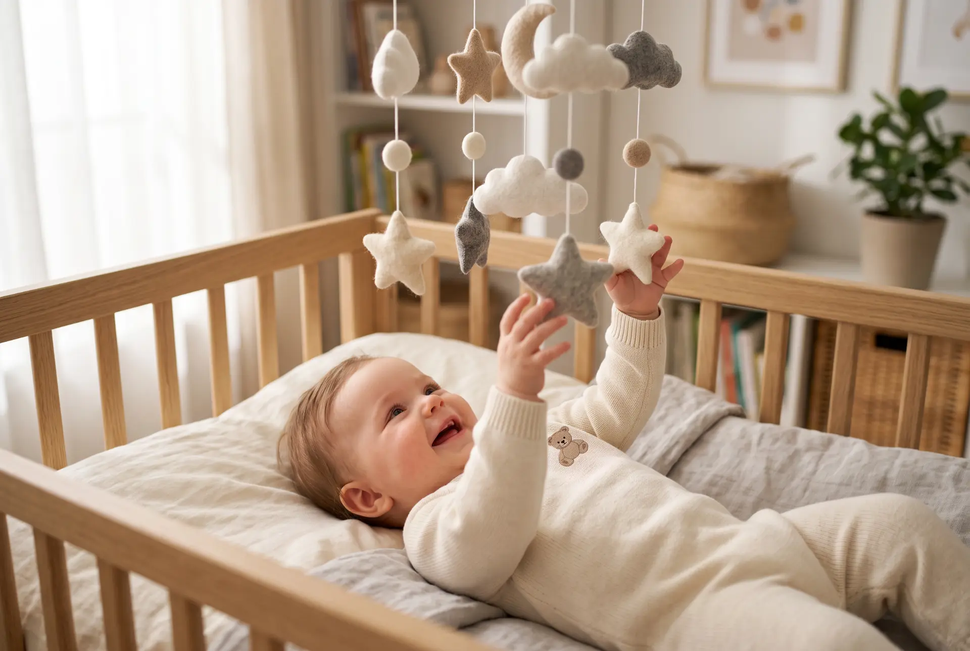 Smiling baby reaching for a felt star mobile while lying in a natural wood crib