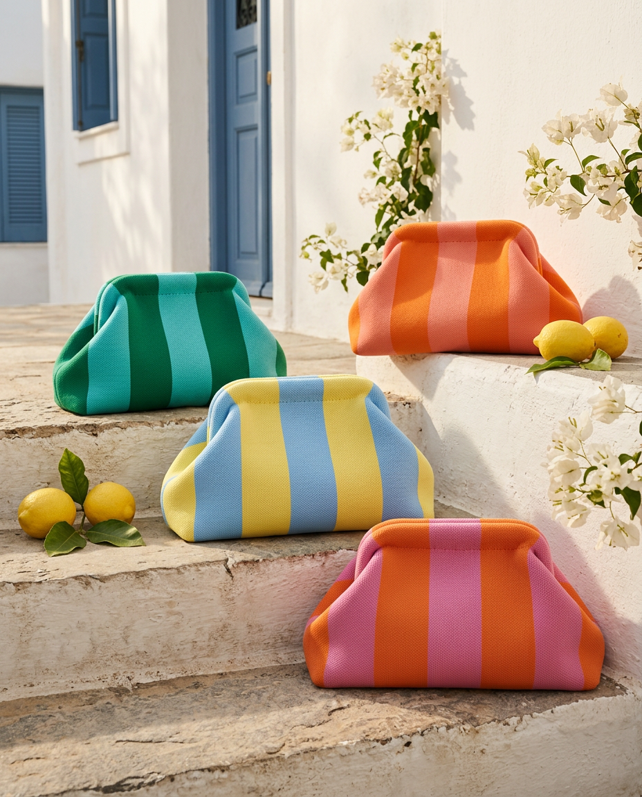 Four striped canvas clutch bags arranged on sunlit Mediterranean stone steps with lemons and bougainvillea