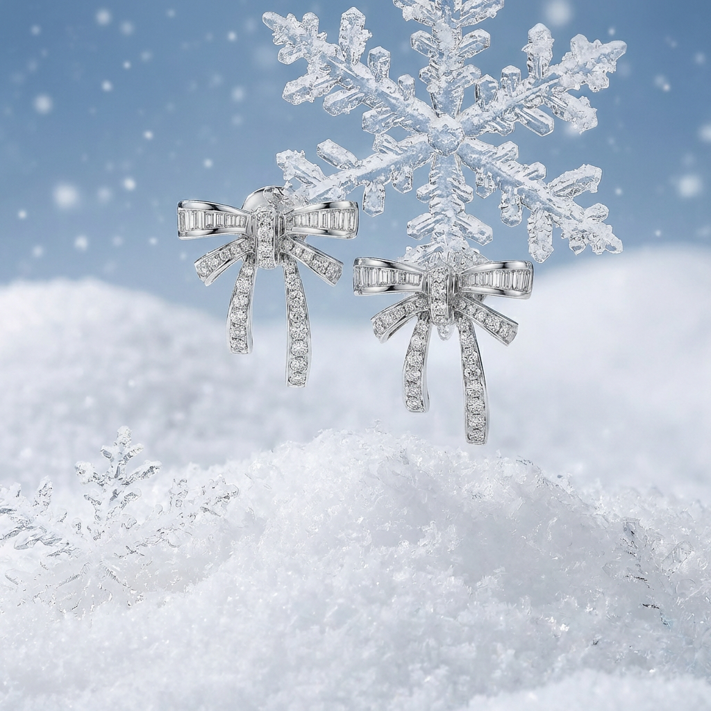 Diamond bow earrings with a crystal snowflake in a snowy scene