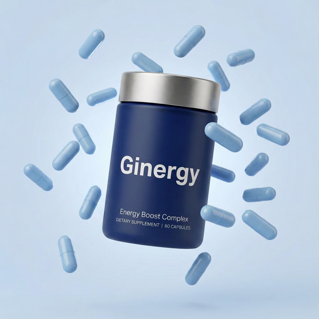 Navy Ginergy supplement bottle floating amid blue capsules on a light blue background